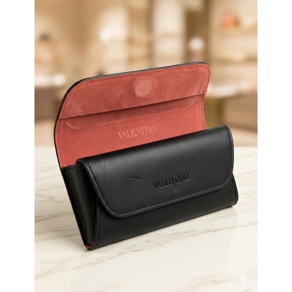 Valentino Garavani Matte Black Semi-Hard Eyewear Case Peach Rose Lining OS - Picture 2 of 12